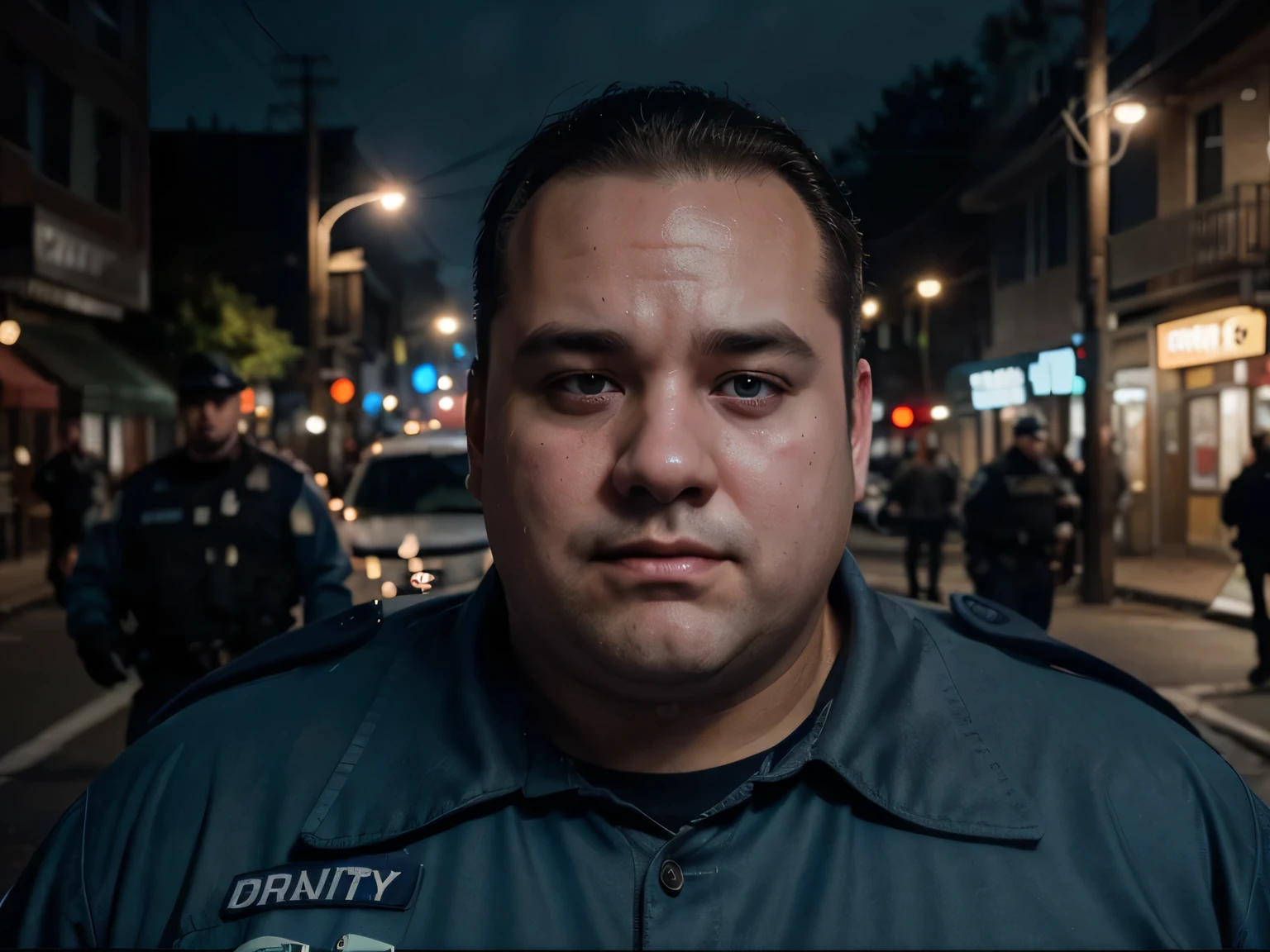a 29 year old obese male police officer with a big belly, double chin, receding hairline, stains on uniform, standing on a small pacific northwestern town street or sidewalk, (best quality,8k,ultra-detailed,realistic,photorealistic:1.37),(detailed facial features,extremely detailed eyes and face,high quality portrait:1.2),chubby,disgusting,law enforcement,overweight,unfit,dirty uniform,gritty ,moody lighting,blue and gray color tones,cinematic composition, donut jelly on face, donut