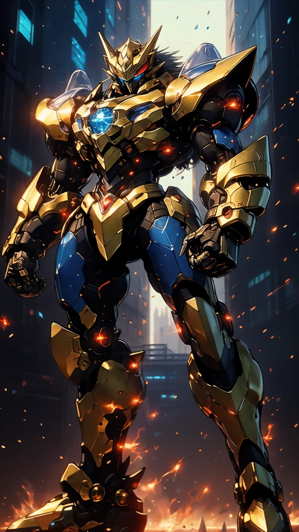 Humanoid Mecha, fully enclosed shoulder guards, matching arm and leg guards, full body, full armor, super robot, the design balances heavy with agility, (the color scheme is primarily white with red and blue accents, the concept Inspired by super robot, Lion concept chest armor, pose, standing, floating high above the futuristic sci-fi city), exquisite and mature art style, (aura effect, energy, glowing eyes, the armor glows), ((SRS)), metallic, dramatic, high definition, best quality, highres, ultra-detailed, ultra-fine painting, extremely delicate, professional, perfect body proportions, anatomically correct, symmetrical face, extremely detailed eyes and face, high quality eyes, creativity, RAW photo, UHD, 32k, Natural light, cinematic lighting, masterpiece-anatomy-perfect, masterpiece:1.5