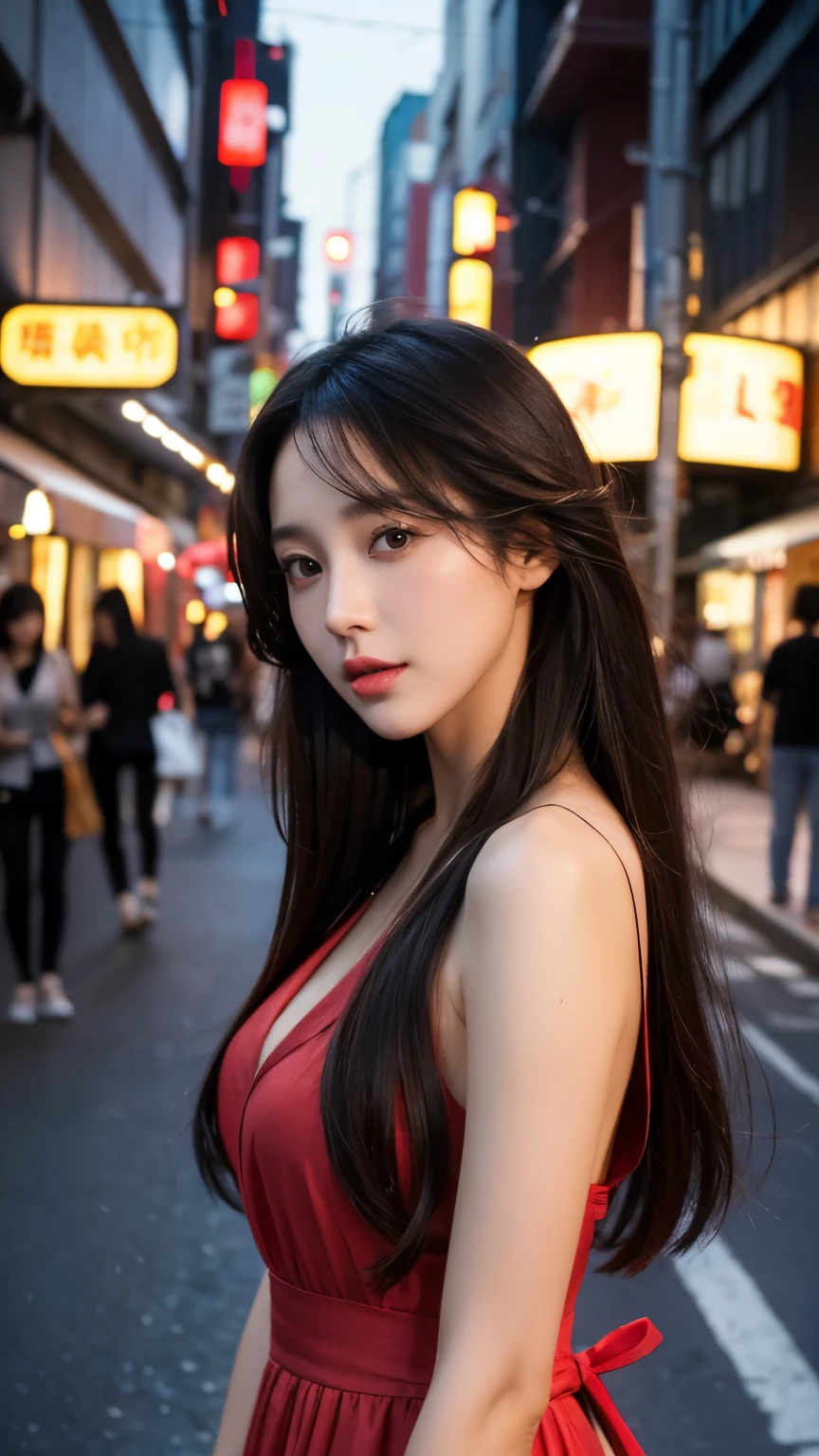 A woman in a red dress standing on a city street - SeaArt AI