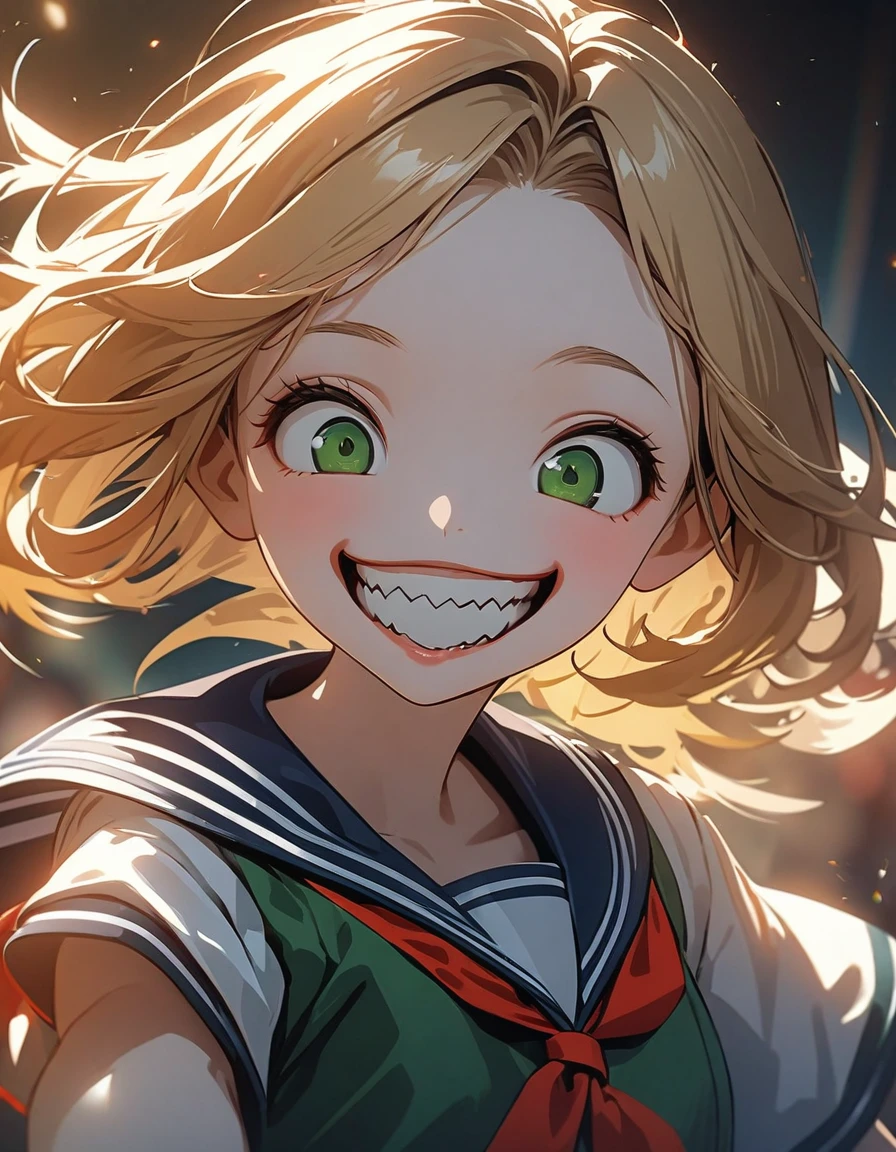 (best quality:1.2, 4k, 8K, Studio anime, Very detailed, up to date, energetic, High Detail, High contrast, masterpiece:1.2, best quality, Best aesthetics), (((1 girl))), JK, , Illustration texture, Vibrant colors, soft light, Blonde, Ponytail, Red belt, ((exquisite details, slanted eyes, Green Eyes)), Beautiful lip details, Playful look, ((Sailor Suit:1.2, white and dark green)), ((Point to the audience:1.4)), (crazy smile:1.4), Competitive but friendly atmosphere, sharp contrast,