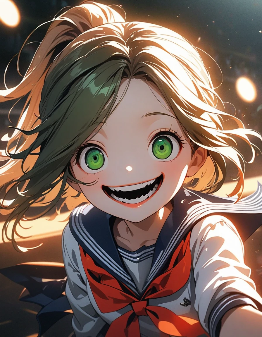 (best quality:1.2, 4k, 8K, Studio anime, Very detailed, up to date, energetic, High Detail, High contrast, masterpiece:1.2, best quality, Best aesthetics), (((1 girl))), JK, , Illustration texture, Vibrant colors, soft light, Blonde, Ponytail, Red belt, ((exquisite details, slanted eyes, Green Eyes)), Beautiful lip details, Playful look, ((Sailor Suit:1.2, white and dark green)), ((Point to the audience:1.4)), (crazy smile:1.4), Competitive but friendly atmosphere, sharp contrast,