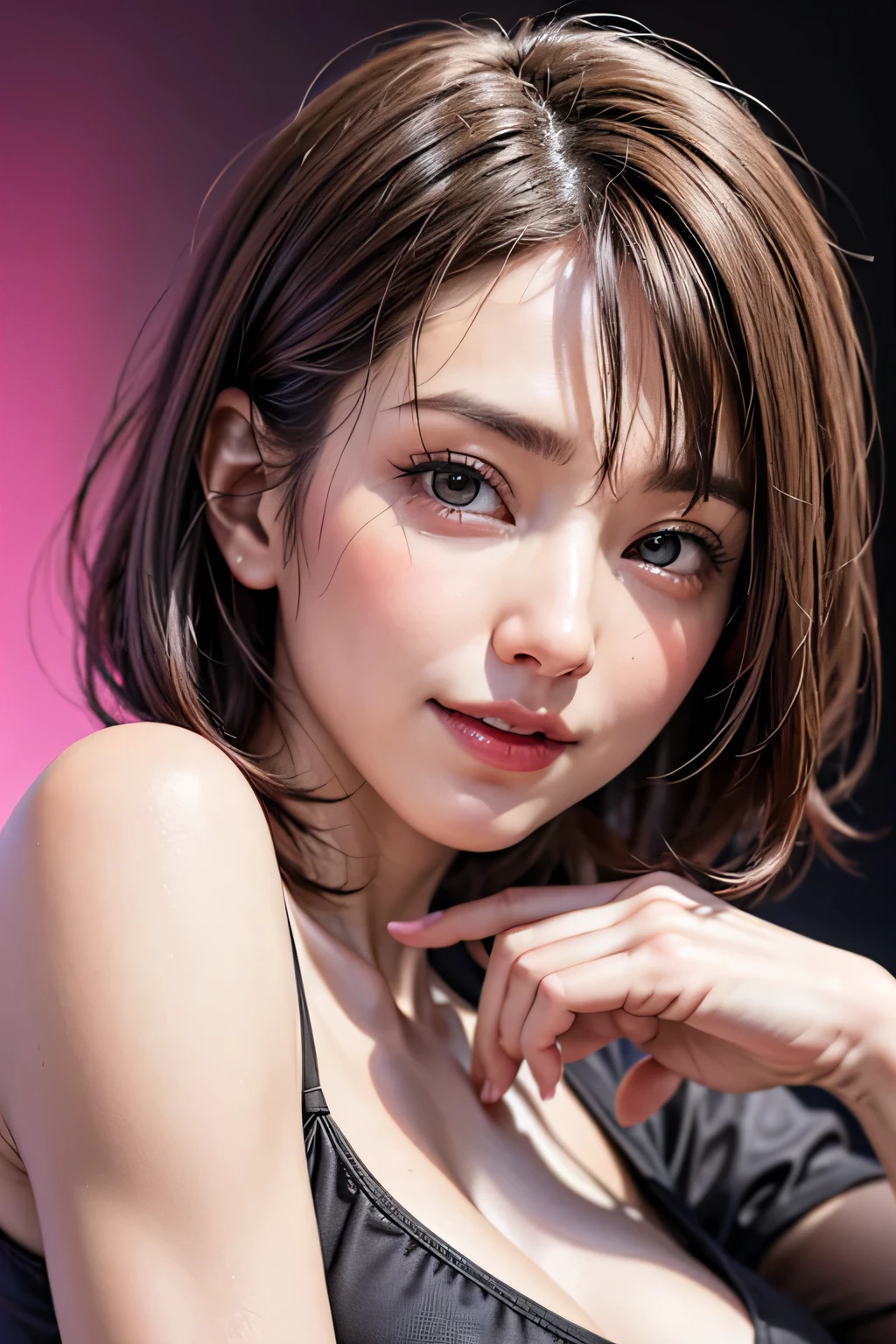 (8k, RAW Photos, highest quality, masterpiece, Realistic, Realistic), (1 female), (The ultimate beautiful Japanese mature), Highly detailed face, (Perfect Teeth), Beautiful Eyes, double eyelid, eyelash, ((smile)), Lip details, (Neat brunette bob), The light shines on your face, (Big Breasts), ((Black T-shirt)), (Upper Body), ((background: none))