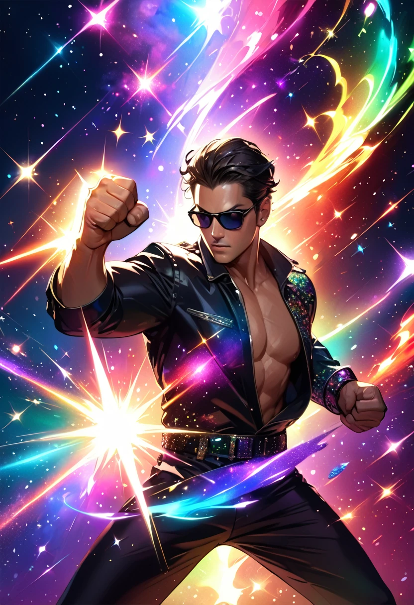 (masterpiece, best quality:1.1),
(ultra highres, ultra-detailed:1.2) ,Lame,Man throwing a straight right punch,Glowing Fist,sunglasses,Galactica Magnum,,,,,dynamic pose,(Glitter:1.5) ,(colorful sparkle:1.5) ,Nebula background,