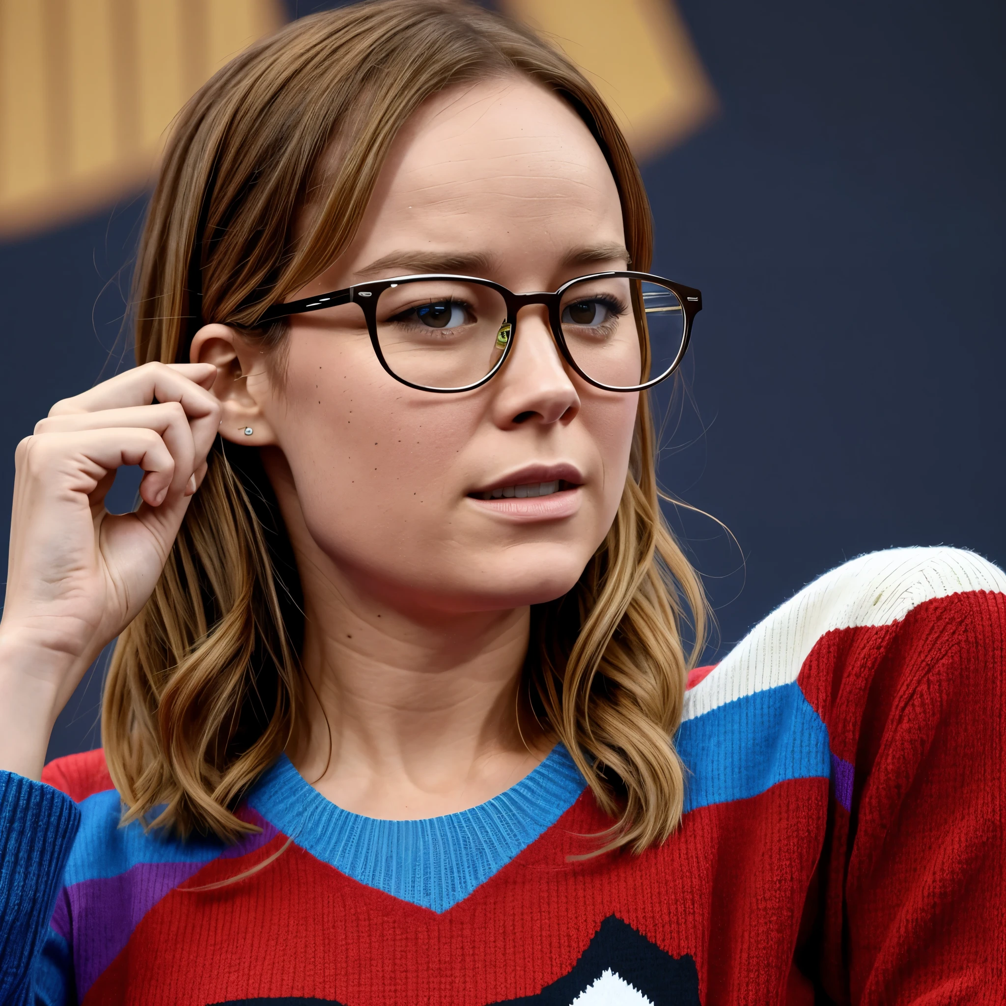 Medium close up photo of brie larson being nerd, wearing glasses and ranbow sweater