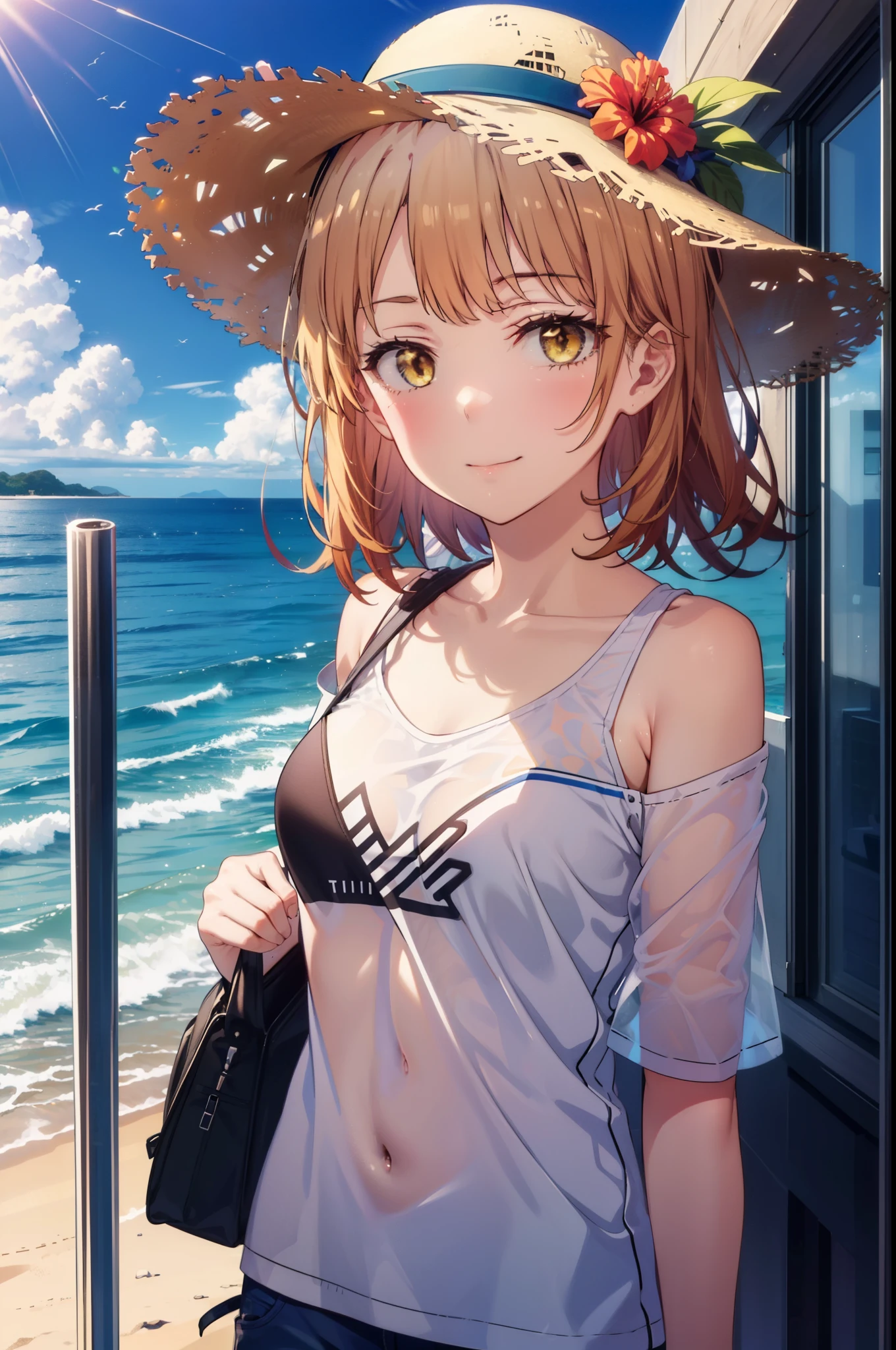 irohaisshiki, iroha isshiki, short hair, Brown Hair, (Brown eyes:1.5), smile,Yellow bikini swimsuit,Hibiscus hair accessory,Oversized shoulder t-shirt,barefoot,Big straw hat,Palm tree,Clear skies,whole bodyがイラストに入るように,
break outdoors, Beach,Sandy Beach,
break looking at viewer,whole body,(Cowboy Shot:1. 5)
break (masterpiece:1.2), highest quality, High resolution, unity 8k wallpaper, (figure:0.8), (Beautiful fine details:1.6), Highly detailed face, Perfect lighting, Highly detailed CG, (Perfect hands, Perfect Anatomy),