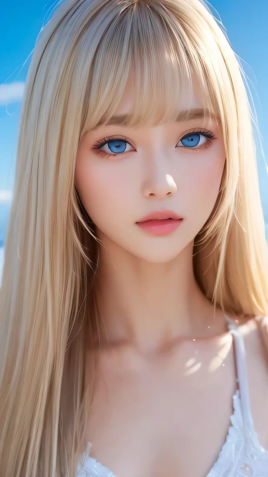 Perfect beautiful face、Beautiful cute girl 20 years old、Sexy and very beautiful cute face、Beautiful cute sexy sky blue eyes、Very super long beautiful shiny silky straight pearl blonde hair、Super long beautiful bangs、White skin、Glossy Skin、Gloss Face、Cheek gloss highlighter、Hair above the eyes、片Hair above the eyes、Hair between the eyes、Bangs on the face、Bangs over both eyes