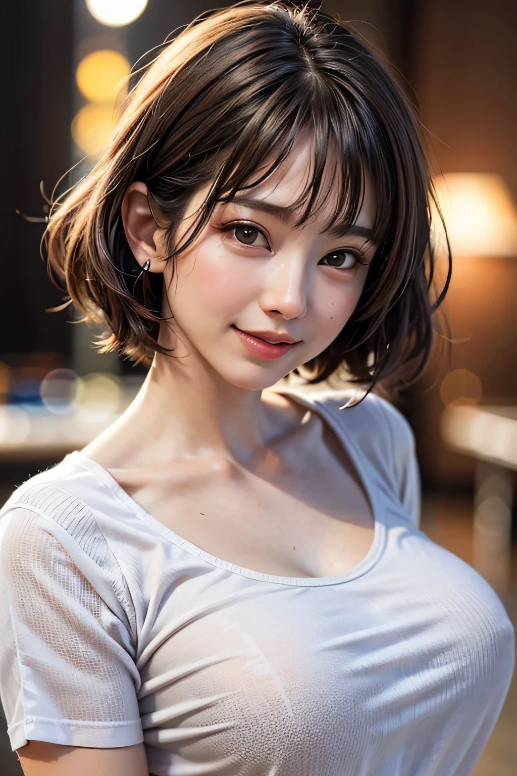 (8k, RAW Photos, highest quality, masterpiece, Realistic, Realistic), (1 female), (The ultimate beautiful Japanese mature), Highly detailed face, (Perfect Teeth), Beautiful Eyes, double eyelid, eyelash, ((smile)), Lip details, (Neat brunette bob), The light shines on your face, (Big Breasts), ((Black T-shirt)), (Upper Body), ((background: none))