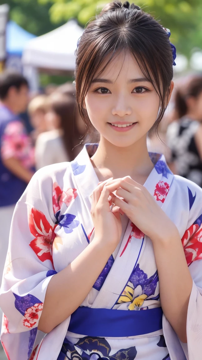 (8k、RAW Photos、highest quality、masterpiece:1.2)、(Realistic、Realistic)、1 girl、((Cute floral yukata、look forward to、))、Lots of eyelashes、Add shine to your eyelids、skeletally correct、Sweaty body、Beautifully trimmed fingertips、smile、Summer festival、fair