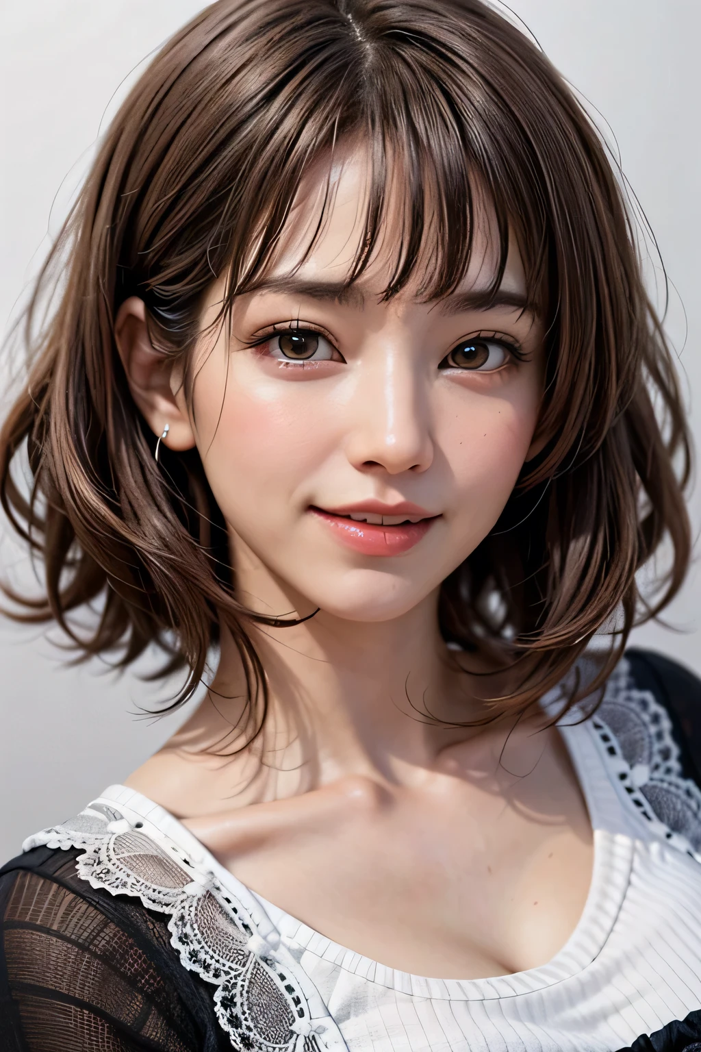 (8k, RAW Photos, highest quality, masterpiece, Realistic, Realistic), (1 female), (The ultimate beautiful Japanese mature), Highly detailed face, (Perfect Teeth), Beautiful Eyes, double eyelid, eyelash, ((smile)), Lip details, (Neat brunette bob), The light shines on your face, (Big Breasts), ((Black T-shirt)), (Upper Body), ((background: none))