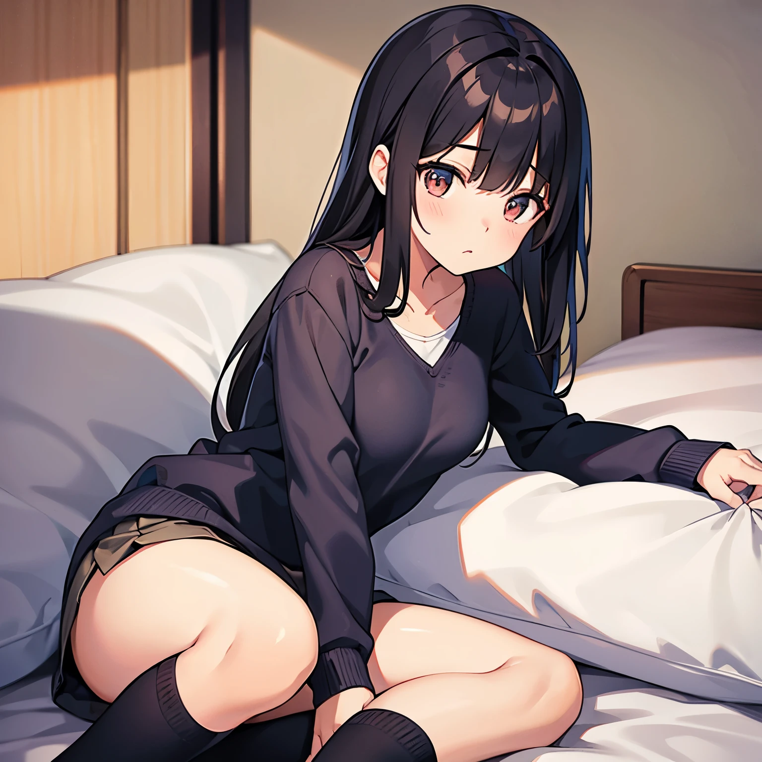 A young woman with dark hair who has dropped out of elementary school, has been a recluse for many years, is unemployed, and is bedridden with depression, and lies in bed all day