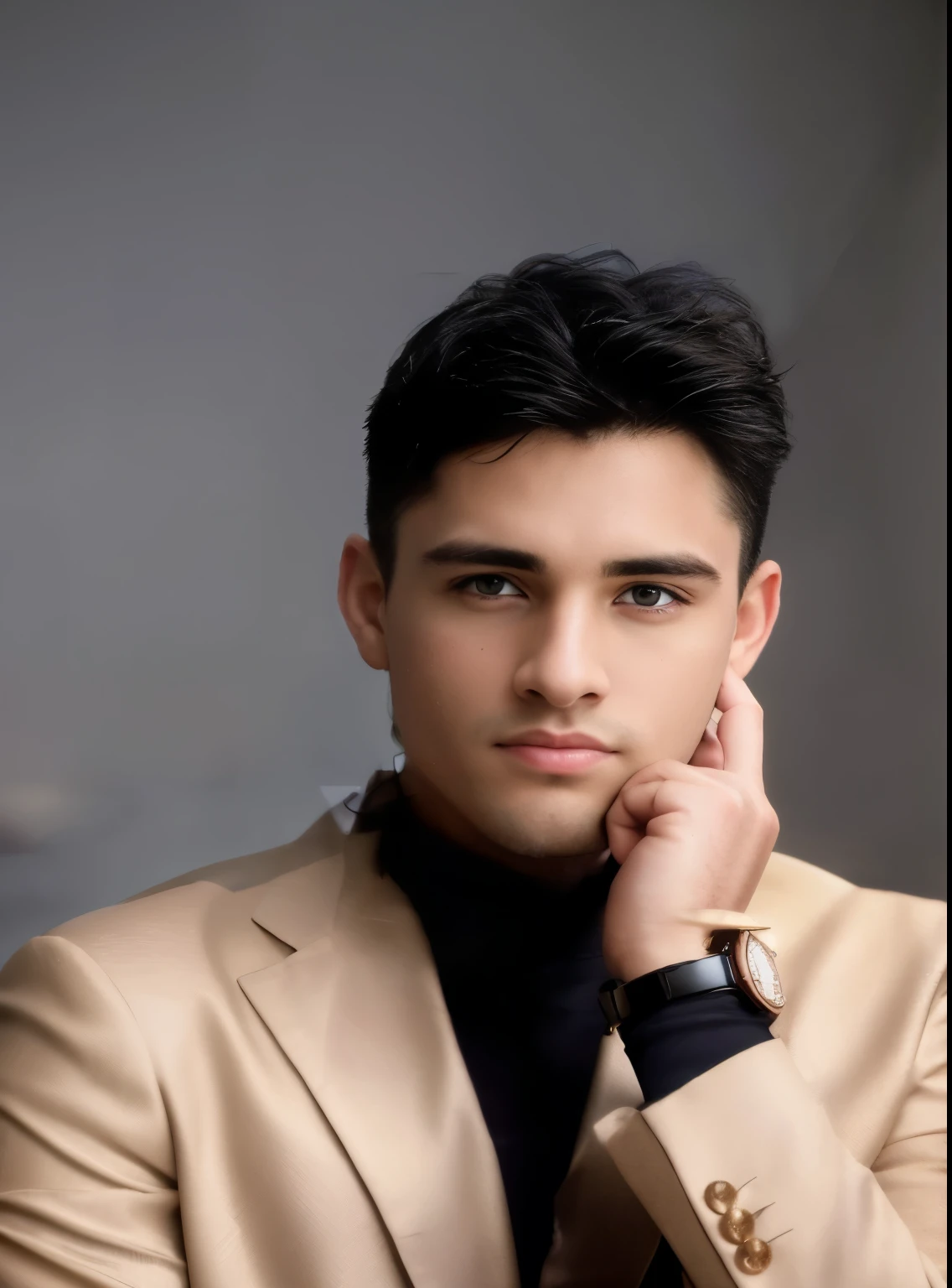 prompt: (best quality,4k,8k,highres,masterpiece:1.2),ultra-detailed,(realistic,photorealistic,photo-realistic:1.37),handsome male model,portrait,impeccable features,tall and fit physique,gaze like magnetic charm,perfectly chiseled jawline,expressive eyes,sharp nose,strong eyebrows,full lips,sophisticated hairstyle,fashionable attire,vibrant colors,soft lighting