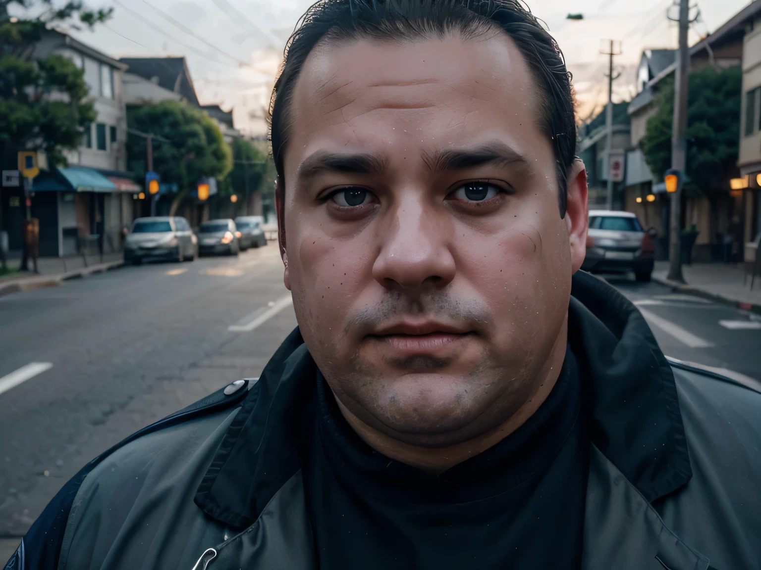 a 29 year old obese male police officer with a big belly, double chin, receding hairline, stains on uniform, standing on a small pacific northwestern town street or sidewalk, (best quality,8k,ultra-detailed,realistic,photorealistic:1.37),(detailed facial features,extremely detailed eyes and face,high quality portrait:1.2),chubby,disgusting,law enforcement,overweight,unfit,dirty uniform,gritty ,moody lighting,blue and gray color tones,cinematic composition, donut jelly on face, donut, no words