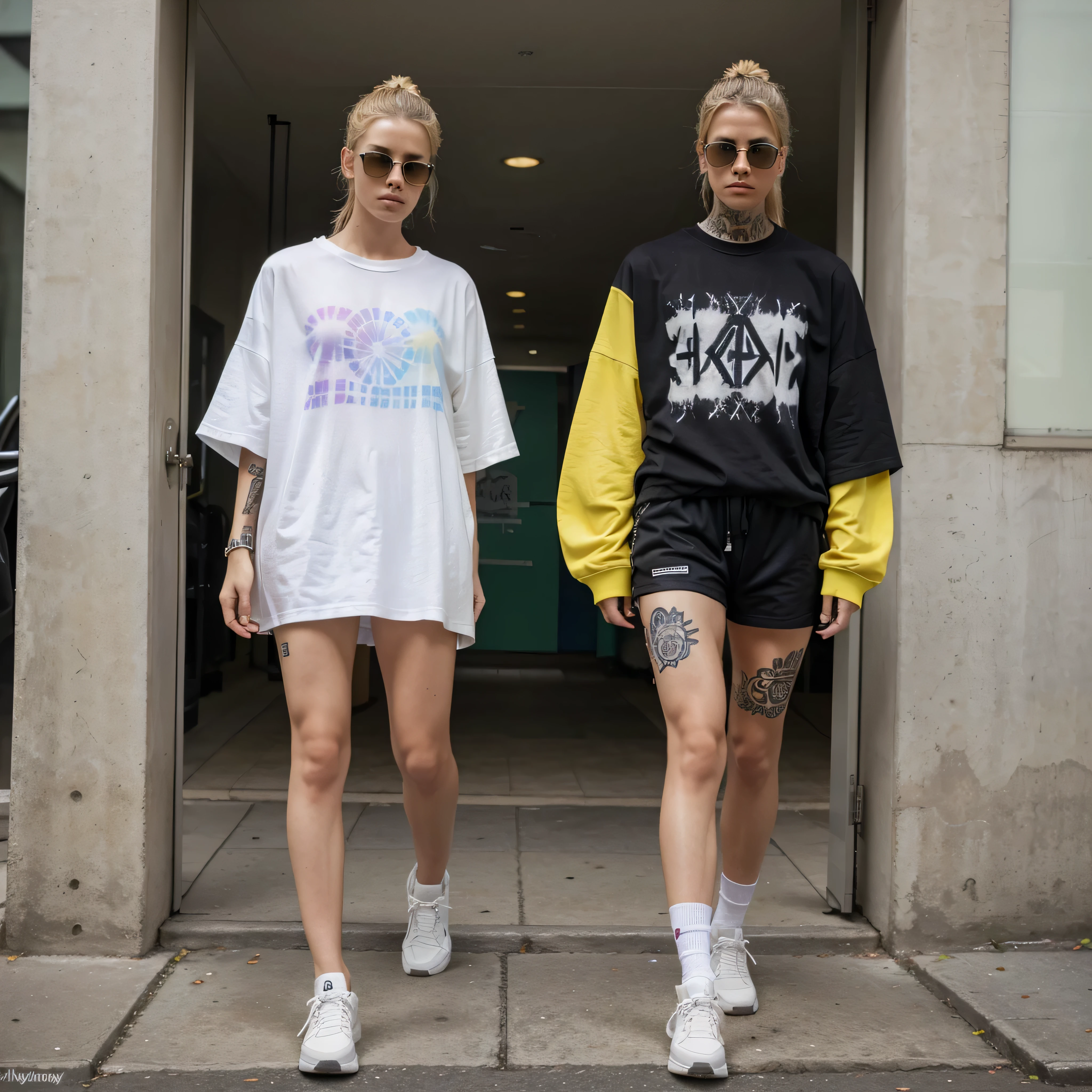 "A realistic image of a blonde male and a female model wearing a tie-dye gym outfit in the streetwear style of Balenciaga. She has tattoos on her body and is wearing dark square sunglasses. The model is standing on the street, fully clothed and in a non-nude pose. The outfit includes an oversized XXL tie-dye T-shirt in white, yellow, and light green, hanging loose