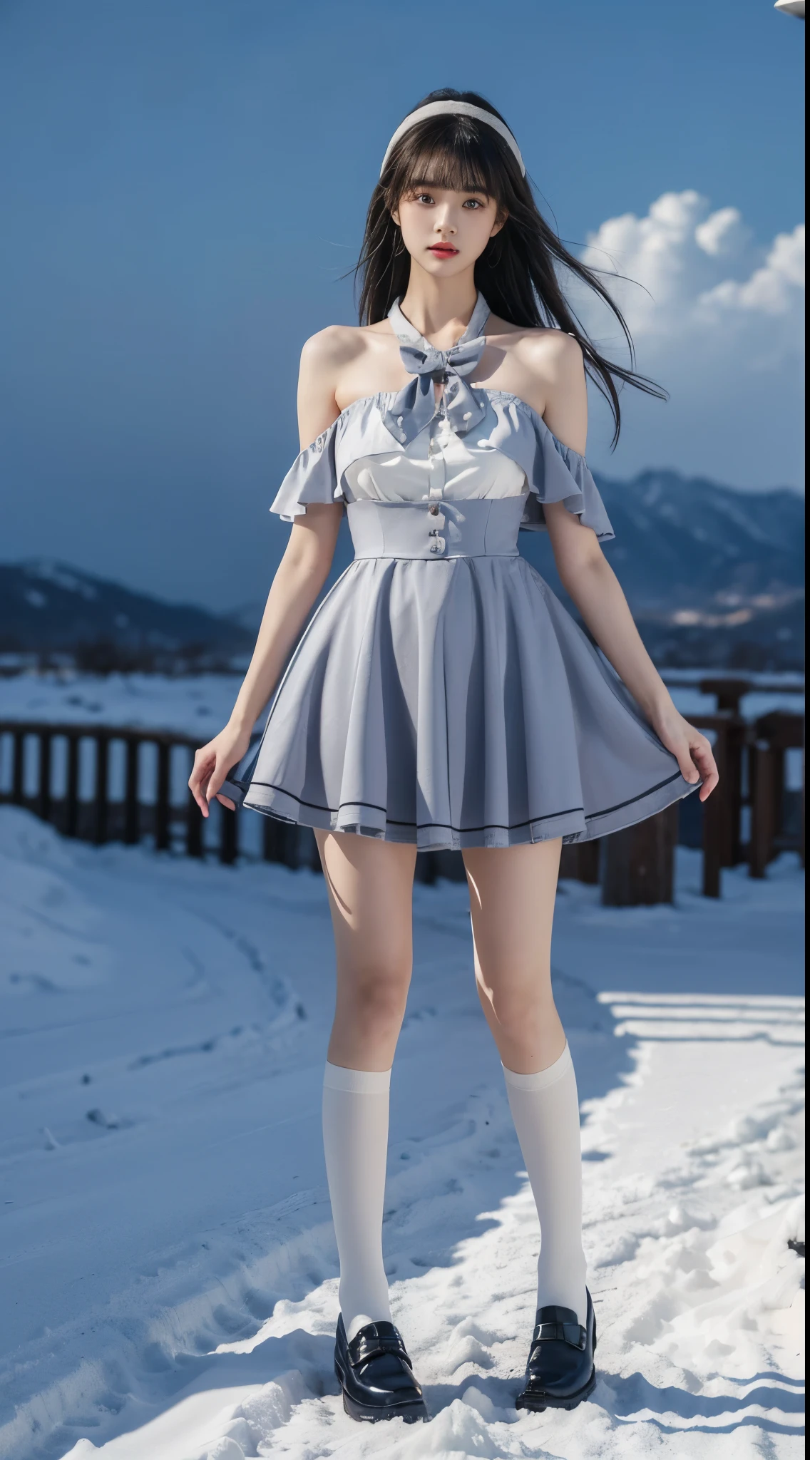 dating attire, bow, jacket, skirt, pantyhose, bow socks, black footwear, ((cowboy shot)), ((Bare shoulder)), ((Short hemlines, sexy long legs)), realistic detailed photo of a giant breasted girl with exposed shoulders, detailed fingers, high quality skin, red eyes, alone in a winter scene with clouds, wind, and flowing hair, (best quality,4k,8k,highres,masterpiece:1.2),ultra-detailed,(realistic,photorealistic,photo-realistic:1.37),studio lighting,vivid colors
