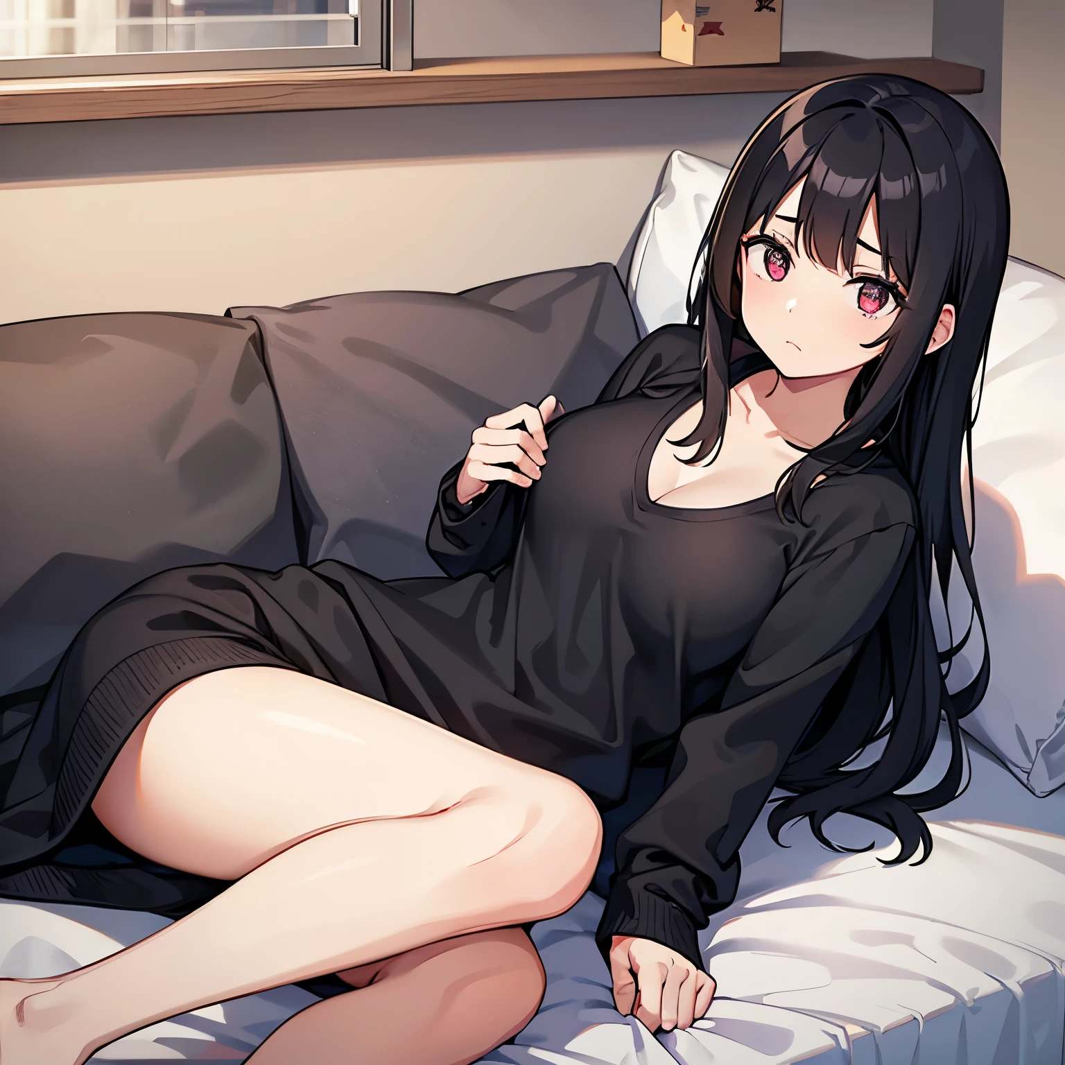 A young woman with dark hair who has dropped out of elementary school, has been a recluse for many years, is unemployed, and is bedridden with depression, and lies in bed all day