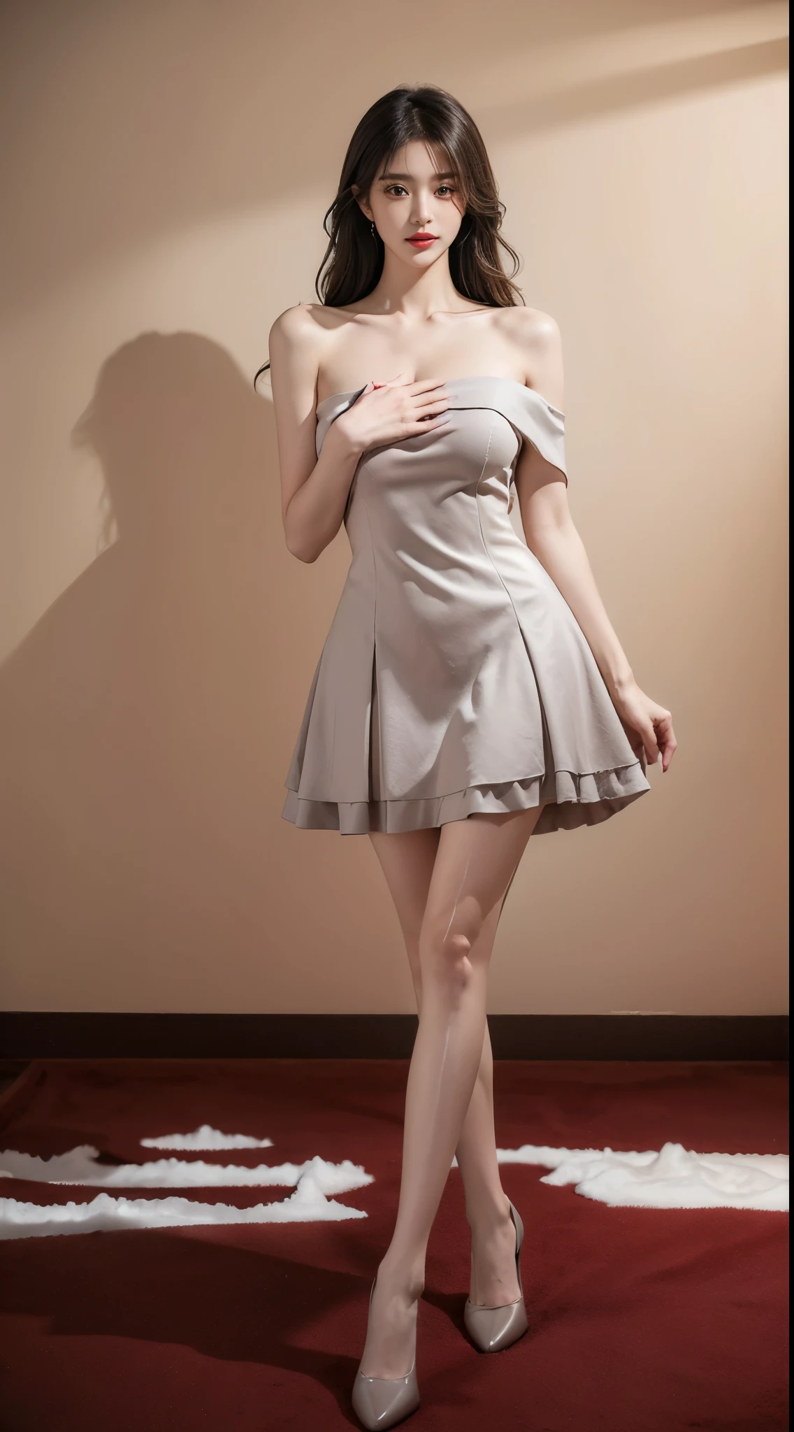 dating dress, pantyhose, high heels, ((cowboy shot)), ((Bare shoulder)), ((Short hemlines, sexy long legs)), realistic detailed photo of a giant breasted girl with exposed shoulders, detailed fingers, high quality skin, red eyes, alone in a winter scene with clouds, wind, and flowing hair, (best quality,4k,8k,highres,masterpiece:1.2),ultra-detailed,(realistic,photorealistic,photo-realistic:1.37),studio lighting,vivid colors