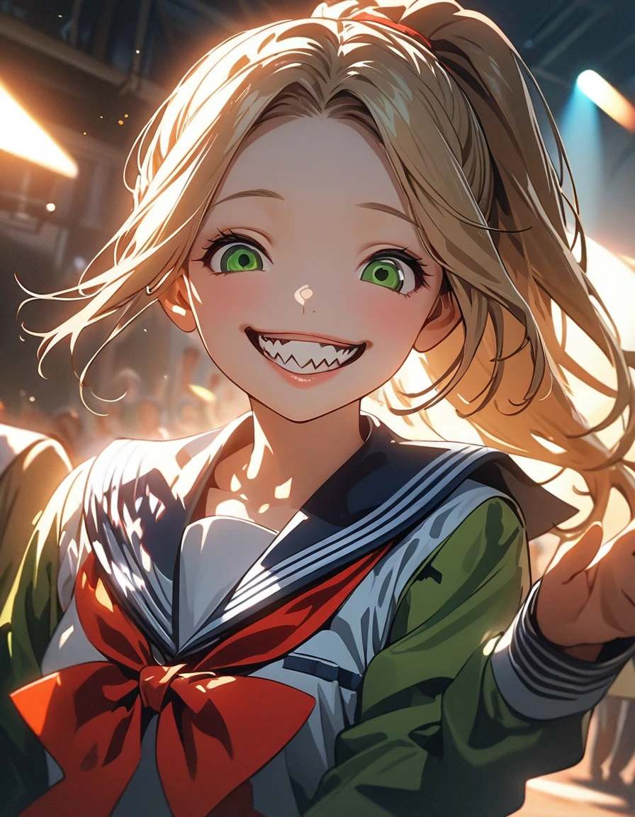 (best quality:1.2, 4k, 8K, Studio anime, Very detailed, up to date, energetic, High Detail, High contrast, masterpiece:1.2, best quality, Best aesthetics), (((1 girl))), JK, , Illustration texture, Vibrant colors, soft light, Blonde, Ponytail, Red belt, ((exquisite details, slanted eyes, Green Eyes)), Beautiful lip details, Playful look, ((Sailor Suit:1.2, white and dark green)), ((Point to the audience:1.4)), (crazy smile:1.4), Competitive but friendly atmosphere, sharp contrast,
