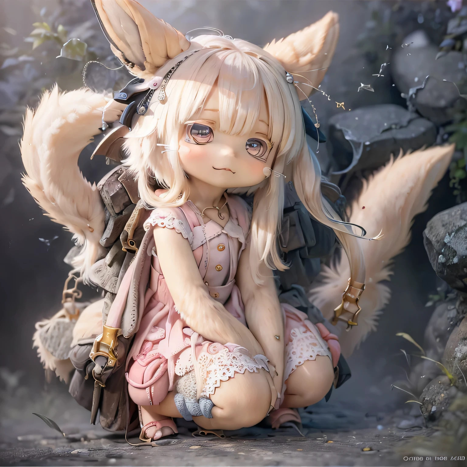 in the garden, Smiling girl, Similar to Nanachi from Made in Abyss. She is beautiful, Beautiful eyes and lips. girl (((Chibi Style,))) . The image quality is of the highest quality, Highly detailed and realistic features. The medium of this work is、Combining illustration and photorealistic rendering.. The colors are vivid、The lighting creates a warm and bright atmosphere。Casual Full Body(((((Cute pink dress)))))Contrasting