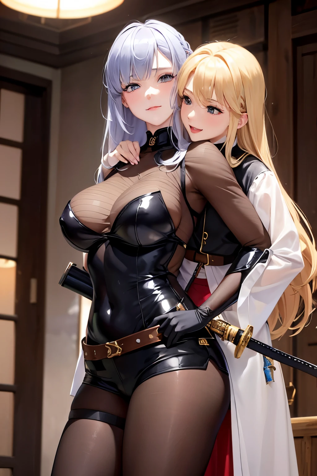 （（（highest quality、first-class、masterpiece、Normal body、8k、Detailed face、Ultra-precision、Normal hand、Normal finger、５Finger、Highest）））、２people、beautiful girl、Adele&Alisha、Relatives and friends、Adele（（Height: 163cm、Silver-haired semi-long、Beautiful Swordswoman、Japanese sword、Carrying a sword、A warm smile、Easygoing、Healing、Ridiculous Costumes、No sleeve、High leg、leotard、mini skirt））、Alisha（（Height: 155cm、Long blonde、Beautiful Girl Gunner、gun、Magnum、holster、gun belt、cool、Calm、Smile、Sexy Costumes、See-through、Mesh tops、spats、Shorts））、Stand side by side、partner、Dungeons、maze