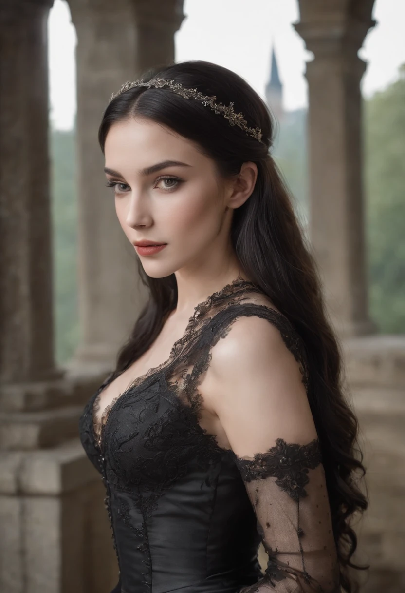 a highly realistic full body image of a young, cute, and youthful gothic princess. She has long, straight black hair and striking grey eyes. Her facial features are delicate and charming, with a soft, youthful glow. She is dressed in elaborate royal gothic fashion, including a luxurious black dress adorned with intricate lace and ornate detailing. The dress is form-fitting around her waist, subtly revealing her soft abs. She has a modest C cup bust, enhancing her elegant silhouette. The overall style should blend royal sophistication with a gothic aesthetic, creating a visually captivating and detailed image.