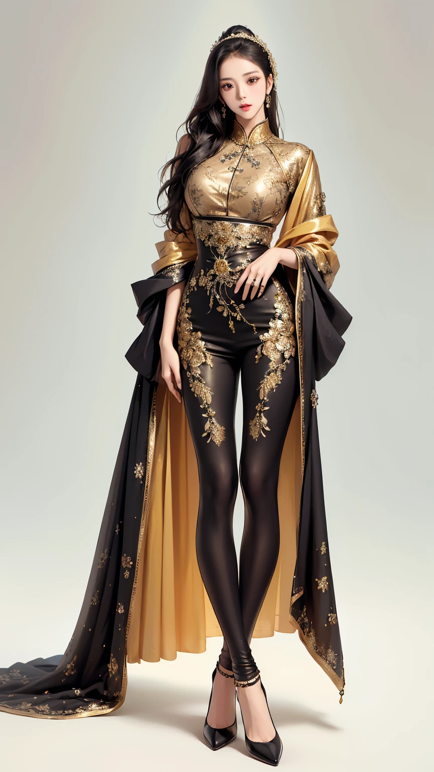 ((Kim ji woo)) ((best quality,4k,highres,masterpiece:1.2)),((character concept art)), 1 female, age 25, Chinese Hong Kong, Hong Kong Elite, eldest sister, triad female leader, Known for her impeccable fashion sense and elegant demeanor, she is a true embodiment of the Versace brand. Her body language is as captivating as her style, always exuding confidence and high fashion. (((She's wearing an exquisite Versace Barocco-print Shirt in Silk and Barocco-print leggings gold-tone/white/black, a true testament to the brand's luxurious aesthetic.))) Paired with Versace Medusa Tribute Sandals, she carries her ensemble with an air of effortless sophistication. Her accessories include a Versace Medusa Tribute Bag and a pair of Versace Tribute Sunglasses, enhancing her overall look. ((intricate detail)), super finely detailed hands, ultra finely detailed fingers(((ten fingers))), (standing still with confidently), (full body showcase), (show full body), (no logos on background), (no logo), ((plain background)), ((plain background)), (((empty background))).