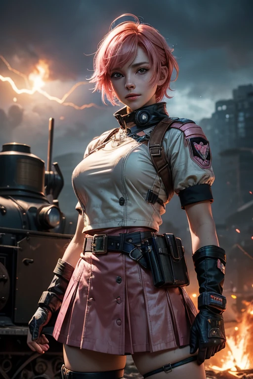  1girl,cowboy shot, beautiful nora_valkyrie, looking at viewer, smile, short hair, blue eyes,heart design on t-shirt, gloves,  jacket, pink skirt, pink belt, short sleeves, puffy sleeves, single armband, fingerless gloves, short hair, orange hair, pink gloves, dynamic pose, night, lightning, standing near old steam train, rain, post-apocalypse, dystopian future, crowd, (crowd in military uniforms), bonfires, (volumetric lighting), best quality, masterpiece, intricate details, tonemapping, sharp focus, hyper detailed, trending on Artstation,