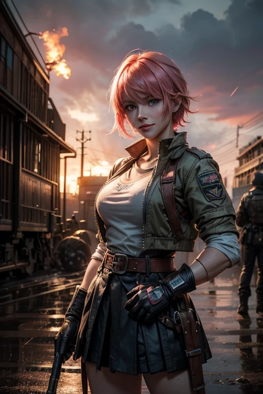  1girl,cowboy shot, beautiful nora_valkyrie, looking at viewer, smile, short hair, blue eyes,heart design on t-shirt, gloves,  jacket, pink skirt, pink belt, short sleeves, puffy sleeves, single armband, fingerless gloves, short hair, orange hair, pink gloves, dynamic pose, night, lightning, standing near old steam train, rain, post-apocalypse, dystopian future, crowd, (crowd in military uniforms), bonfires, (volumetric lighting), best quality, masterpiece, intricate details, tonemapping, sharp focus, hyper detailed, trending on Artstation,