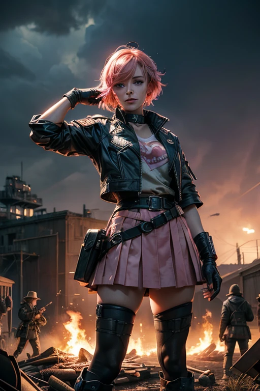  1girl,cowboy shot, beautiful nora_valkyrie, looking at viewer, smile, short hair, blue eyes,heart design on t-shirt, gloves,  jacket, pink skirt, pink belt, short sleeves, puffy sleeves, single armband, fingerless gloves, short hair, orange hair, pink gloves, dynamic pose, night, lightning, standing near old steam train, rain, post-apocalypse, dystopian future, crowd, (crowd in military uniforms), bonfires, (volumetric lighting), best quality, masterpiece, intricate details, tonemapping, sharp focus, hyper detailed, trending on Artstation,
