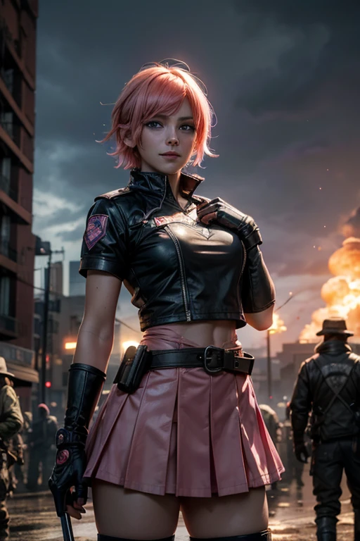 1girl,cowboy shot, beautiful nora_valkyrie, looking at viewer, smile, short hair, blue eyes,heart design on t-shirt, gloves, jacket, pink skirt, pink belt, short sleeves, puffy sleeves, single armband, fingerless gloves, short hair, orange hair, pink gloves, dynamic pose, night, lightning, standing near old steam train, rain, post-apocalypse, dystopian future, crowd, (crowd in military uniforms), bonfires, (volumetric lighting), best quality, masterpiece, intricate details, tonemapping, sharp focus, hyper detailed, trending on Artstation,