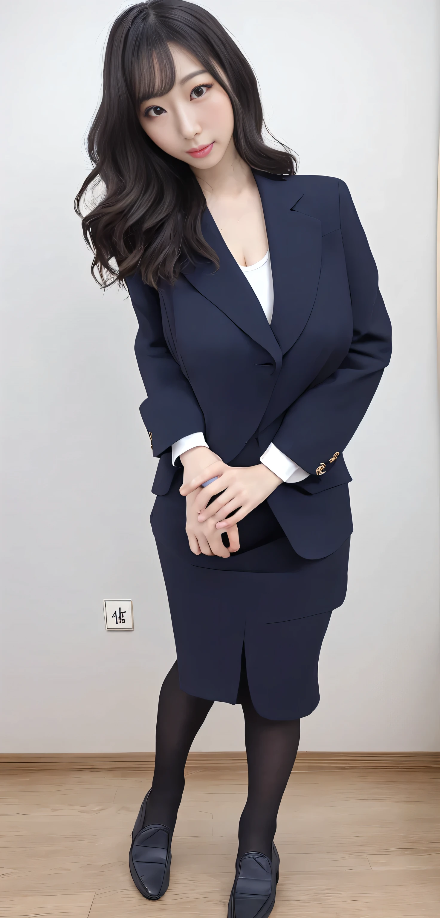 ((high resolution, 最high resolution, 8k, RAW images))Japanese ID, Mature Woman, Wavy black hair with no bangs, Long Hair:1.65, Flashy makeup, Fuller lips, Sexy Gaze, Cute Uniform, looking at the camera, Low angle shooting, Cute duck lips,((Very accurate and correct anatomy)), (masterpiece:1.45), Perfect balance, Realistic photos, Full Shot, whole body, ((height: 148cm)), High heels, loafers, (2 Foot, Two Arms), ((Panty shot)),Big Breasts:1.95