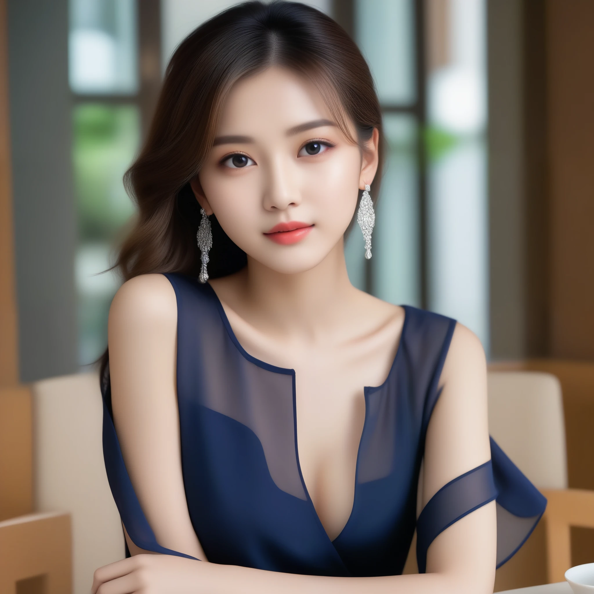 8K, Ultra-high resolution, highest quality, masterpiece, Surreal, photograph, 1 girl, (16 years old:1.3), pretty girl, Cute Face, 細部までBeautiful Eyes, 細かくdetailedに,masterpiece,, One Girl:1.2, Japan Female Announcer, One beautiful woman, Wear a navy blue see-through blouse, Cafe, Light brown messy short layers -, Perfect dynamic composition, Beautiful Eyes、Big earrings、Sitting in a chair, Perfect dynamic composition, Beautiful details, Fashion magazine coverのように, In the city,Bold Pose,Looけing at the audience、beauty,Long necけ、Laugh a little、Please close your mouth and laugh、(((Ideal body type))),A-cup small breasts :2,、Portraiture:2、Perfect Anatomy、鮮明なdetailed、detailed、Surreal、Light and shadow,Strong light,Fashion magazine cover,Thin lips