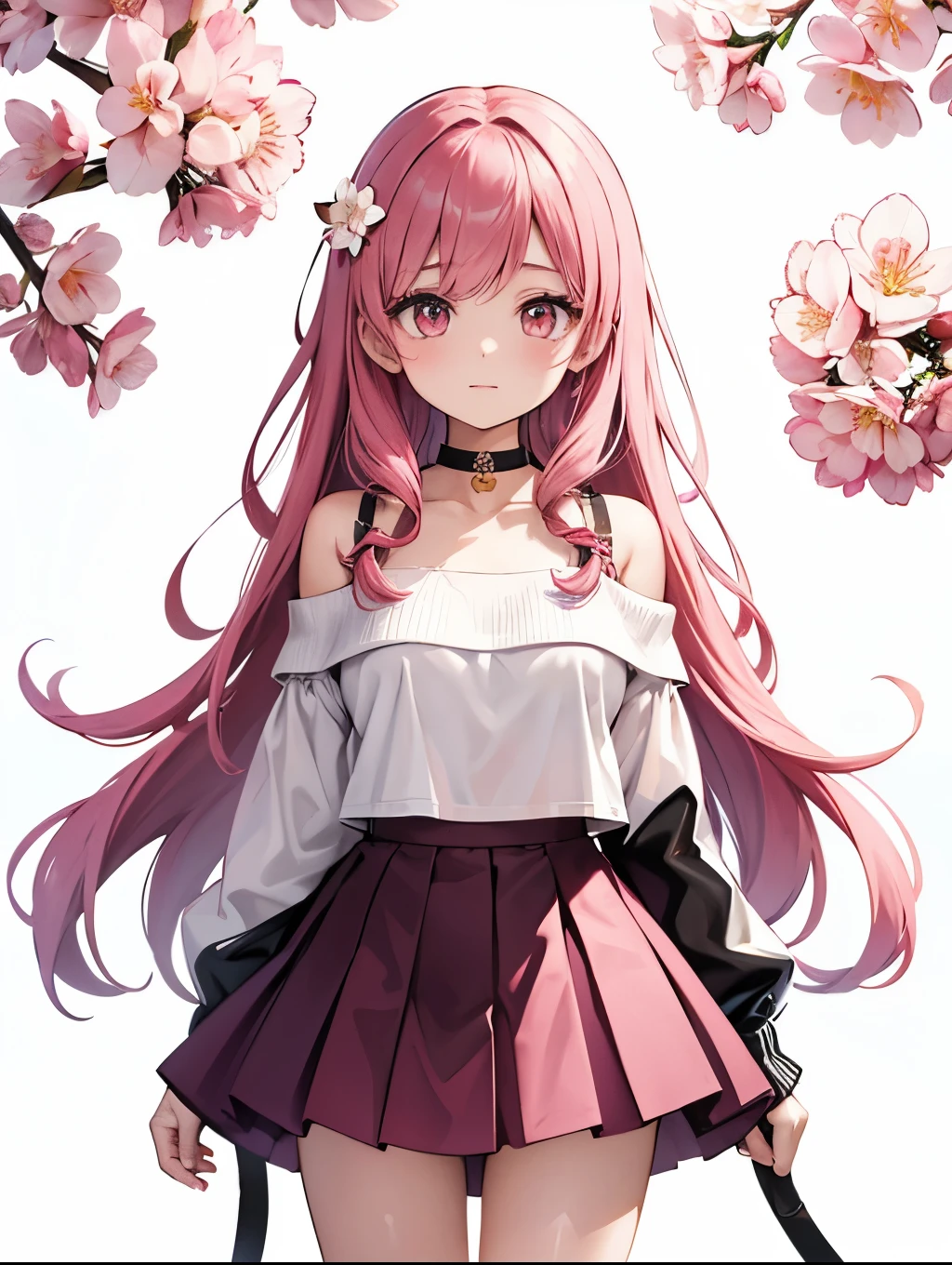 cherry blossoms, Pink Hair, Long Hair, Curly Hair, Down-do, Pink eyes, White off-the-shoulder clothing, Black and pink asymmetrical mini skirt, Heel, woman, transparent, Simple background, Transparent, human, heart, 蛍Light, Light
