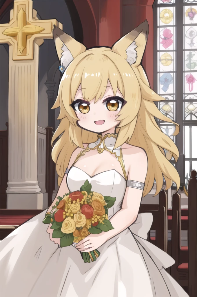 masterpiece, best quality, highly detailed, Chibi Character, cute,Girl,Fox ears,Blonde,Golden Eyes,1girl, solo, Fox Girl,Wedding dress,The best smile,church