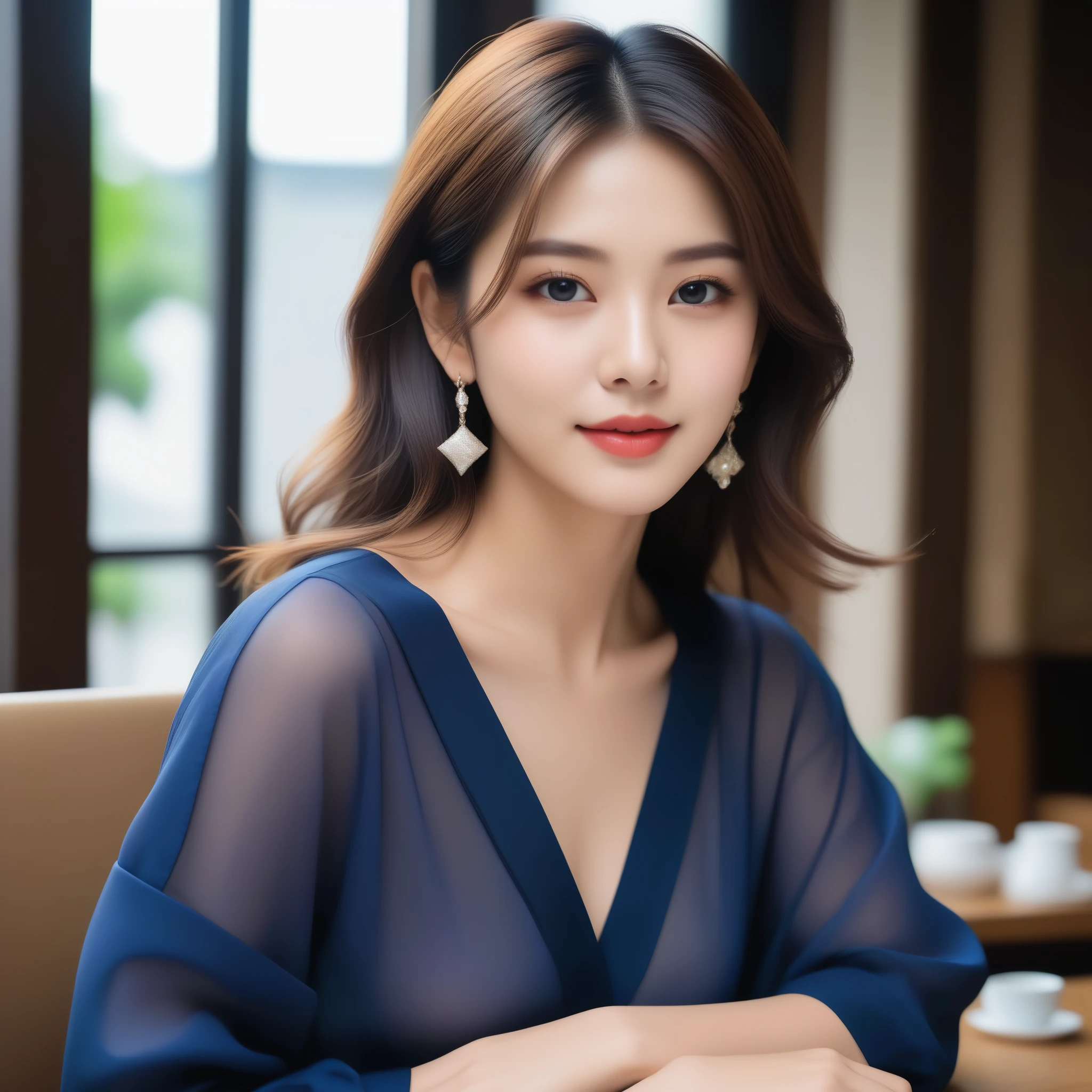 8K, Ultra-high resolution, highest quality, masterpiece, Surreal, photograph, 1 girl, (16 years old:1.3), pretty girl, Cute Face, 細部までBeautiful Eyes, 細かくdetailedに,masterpiece,, One Girl:1.2, Japan Female Announcer, One beautiful woman, Wear a navy blue see-through blouse, Cafe, Light brown messy short layers -, Perfect dynamic composition, Beautiful Eyes、Big earrings、Sitting in a chair, Perfect dynamic composition, Beautiful details, Fashion magazine coverのように, In the city,Bold Pose,Looけing at the audience、beauty,Long necけ、Laugh a little、Please close your mouth and laugh、(((Ideal body type))),A-cup small breasts :2,、Portraiture:2、Perfect Anatomy、鮮明なdetailed、detailed、Surreal、Light and shadow,Strong light,Fashion magazine cover,Thin lips