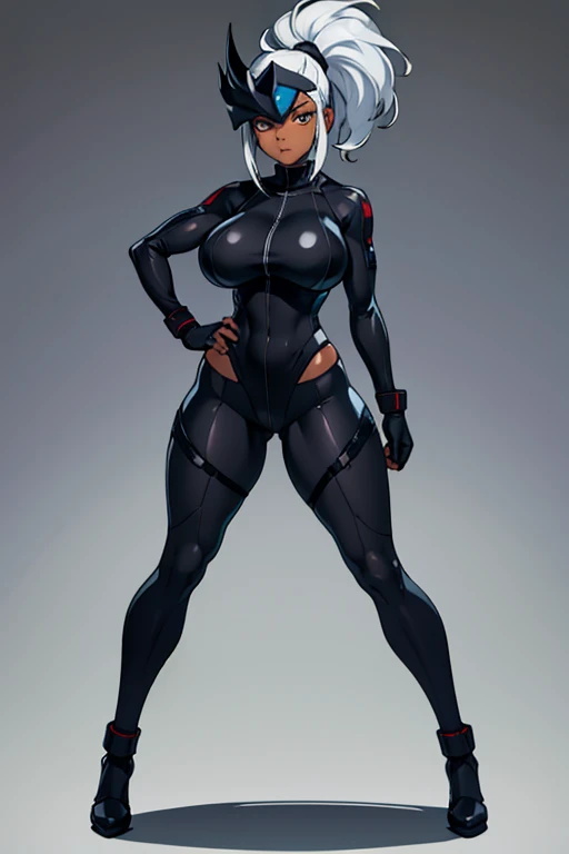 combatant girl, wide hips, full body, standing, revealing clothes, curvy, huge breasts, dark skin, silver hair, ponytail hairstyle, bodysuit, mask, hat
