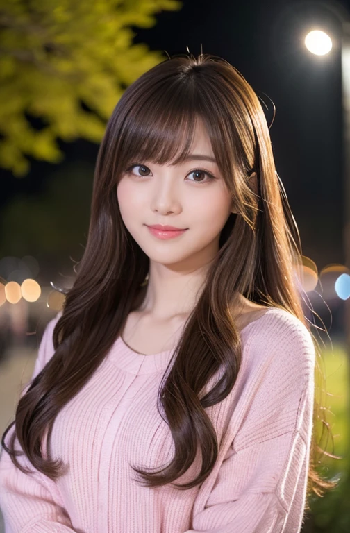 masterpiece、1 beautiful girl、Detailed eyes、Puffy eyes、highest quality, 超A high resolution, (reality: 1.4), Cinema Lighting、Japanese、Asian Beauty、so beautiful、Beautiful Skin、thin、Body facing forward、(超reality的な)、(High resolution)、(8k)、(Very detailed)、(beautiful Detailed eyess)、(Very detailed)、 (wall-)、Detailed face、Bright lighting、Professional Lighting、Looking at the audience、Look straight ahead、Spring coordination、Long sleeve、Long Hair, Asymmetrical bangs, 、Night view、Brown Hair、Japanese Idols、Korean Idol、Fiery idol pose、、23 years old、expensive, smile, Park scenery、Cherry tree