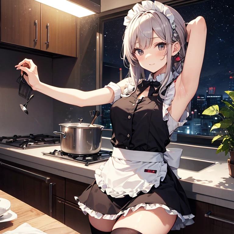A maids, (in kitchen), various hair styles, night, details face, short skirt, seducing, sleeveless, maid uniform, armpits