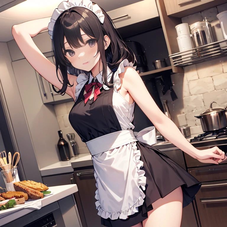 ((32k)), ((best quality)), ((ultra high res)), ((HDR)), ((UHD)), ((extremely detailed CG)), ((unity 32k wallpaper)), (((Virgin girl))), solo, long hair, (breasts), looking at viewer, blush, smile, bangs, thighhighs, bow, holding, cleavage, jewelry, ((white bikini)), (((Black ponytail))), (medium breasts), closed mouth, standing, swimsuit, ((black hair)), short sleeves, bikini, (upper body), earrings, frills, food, black thighhighs, indoors, bowtie, hair over one eye, apron, cup, puffy short sleeves, wrist cuffs, grey eyes, thigh strap, detached collar, side-tie bikini bottom, thigh gap, table, single thighhigh, waist apron, white apron, plate, tray, teacup, cake, frilled apron, bridal garter, holding tray, cake slice, from below, ((front)),