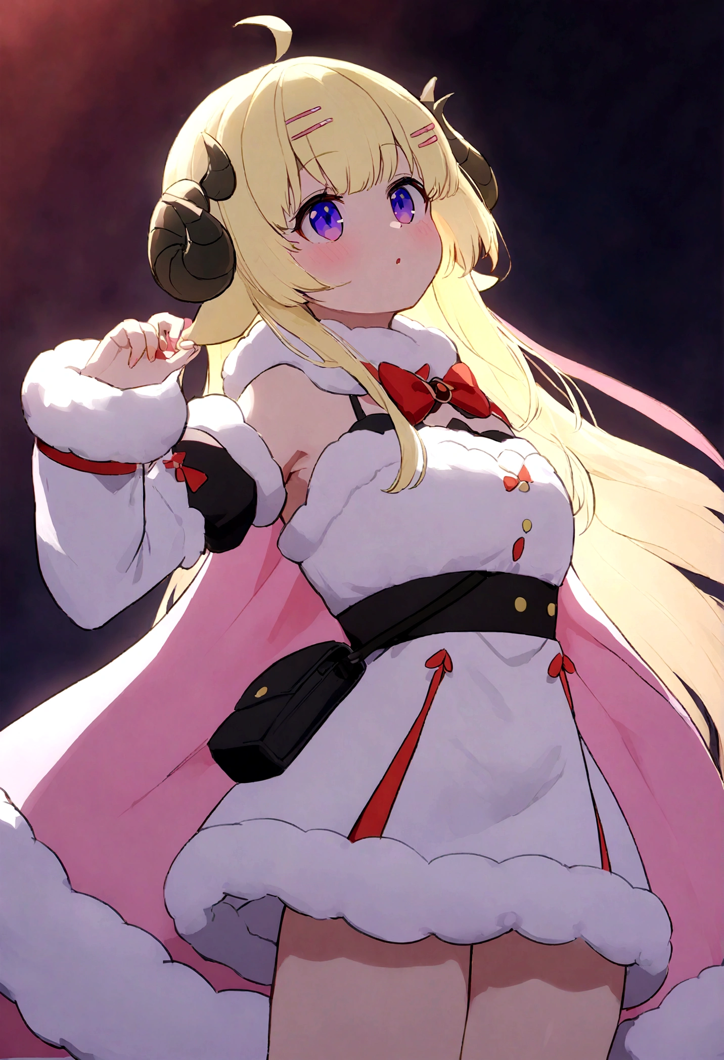 TsunomakiWatame, horns, long hair, ahoge
WatameBase, very long hair, ahoge, hairclip, fur-trimmed dress, short dress, red bowtie, detached sleeves, pouch, fur-trimmed cape, pink cape