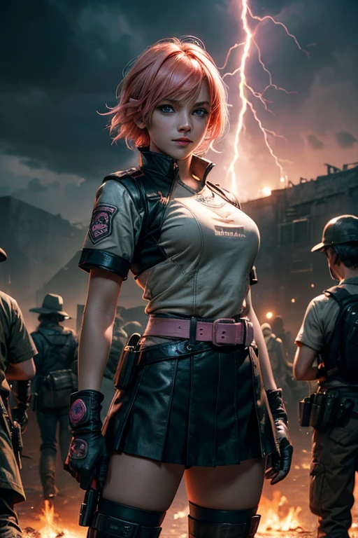  1girl,cowboy shot, beautiful nora_valkyrie, looking at viewer, smile, short hair, blue eyes,heart design on t-shirt, gloves,  jacket, pink skirt, pink belt, short sleeves, puffy sleeves, single armband, fingerless gloves, short hair, orange hair, pink gloves, dynamic pose, night, lightning, standing near old steam train, rain, post-apocalypse, dystopian future, crowd, (crowd in military uniforms), bonfires, (volumetric lighting), best quality, masterpiece, intricate details, tonemapping, sharp focus, hyper detailed, trending on Artstation,