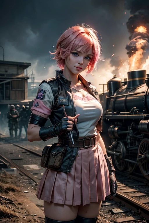1girl,cowboy shot, beautiful nora_valkyrie, looking at viewer, smile, short hair, blue eyes,heart design on t-shirt, gloves, jacket, pink skirt, pink belt, short sleeves, puffy sleeves, single armband, fingerless gloves, short hair, orange hair, pink gloves, dynamic pose, night, lightning, standing near old steam train, rain, post-apocalypse, dystopian future, crowd, (crowd in military uniforms), bonfires, (volumetric lighting), best quality, masterpiece, intricate details, tonemapping, sharp focus, hyper detailed, trending on Artstation,