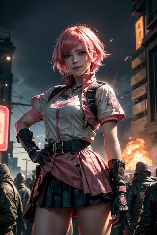  1girl,cowboy shot, beautiful nora_valkyrie, looking at viewer, smile, short hair, blue eyes,heart design on t-shirt, gloves,  jacket, pink skirt, pink belt, short sleeves, puffy sleeves, single armband, fingerless gloves, short hair, orange hair, pink gloves, dynamic pose, night, lightning, standing near old steam train, rain, post-apocalypse, dystopian future, crowd, (crowd in military uniforms), bonfires, (volumetric lighting), best quality, masterpiece, intricate details, tonemapping, sharp focus, hyper detailed, trending on Artstation,