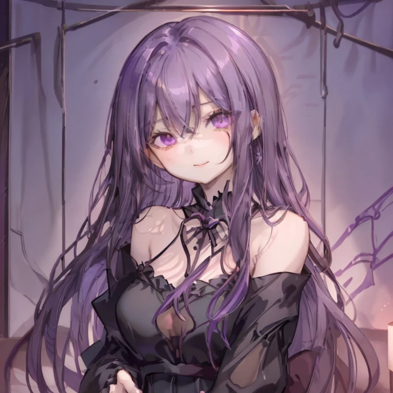 1 girl、Mature、Ample breasts、Purple Hair、Long Hair、Sharp Eyes、look back、Black Dress、Shoulder Bare、Red Moon、Suspicious Light、midnight、A seductive smile、darkness、Red light、High resolution、highest quality、