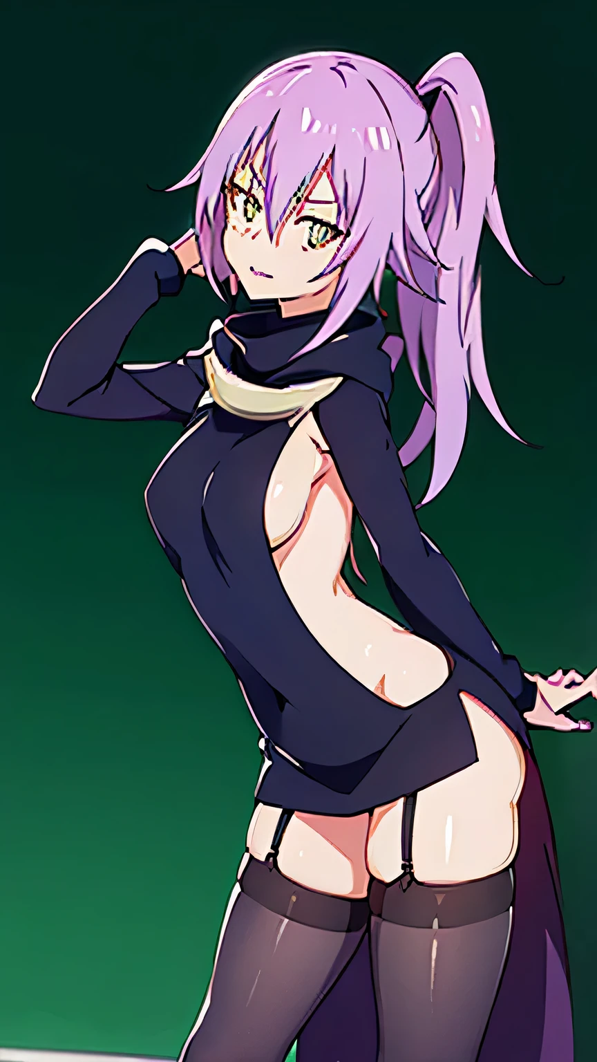 Clothing: Virgin Killer Sweater, enhance boobs so we can have side boob
Body type: Slim
Pose: standing maybe leaning forward/side a little sexy
Background: Fully black background and a subtle purple glow behind the character.