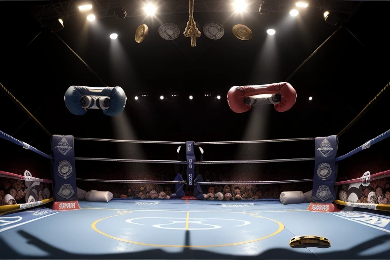 boxe ring with lights and ropes, boxe ring sol blanc coin bleu et sol blanc sol, fond d'arène, Ring de boxe avec le sol blanc et les coins bleus, scene background, toile de fond Madison Square Garden, écran centrale au dessus du ring comme au madison square garden  in a boxe ring,  boxe, boxe match, scene,  projecteur, barre d'background, spot et projecteur au plafond  fond dramatique, atmospheric perspective, glowing light, 8k, super detail, best quality, masterpiece