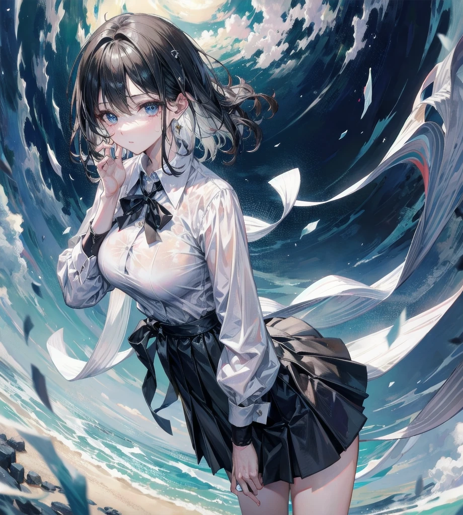 absurdres, RAW photo, extremely delicate and beautiful, masterpiece, Best Quality, ultra high resolution, 32k, hyperrealistic, ultra-detailed, detailed description, perfect anatomy, pale skin, 20 years old, detailed beautiful face and eyes, tearful mole, earring, short medium hair, wavy hair, full body shot, big tits, school_uniform, dress shirt, pleats skirt, rain, wet, outdoor,