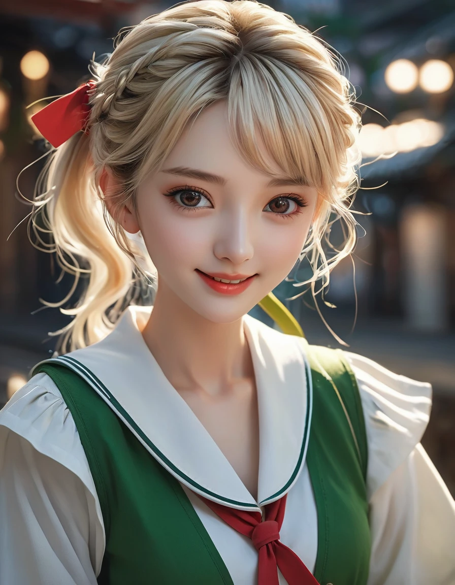 (best quality:1.2, 4k, 8K, Studio anime, Very detailed, up to date, energetic, High Detail, High contrast, masterpiece:1.2, best quality, Best aesthetics), (((1 girl))), JK, , Illustration texture, Vibrant colors, soft light, Blonde, Ponytail, Red belt, ((exquisite details, slanted eyes, Green Eyes)), Beautiful lip details, Playful look, ((Sailor Suit:1.2, white and dark green)), ((Point to the audience:1.4)), (crazy smile:1.4), Competitive but friendly atmosphere, sharp contrast,