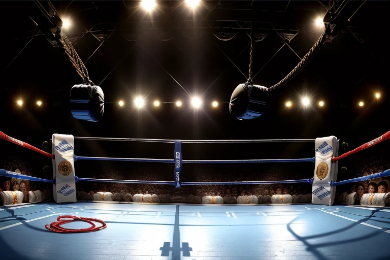 boxe ring with lights and ropes, boxe ring sol blanc coin bleu et sol blanc sol, fond d&#39;arène, Ring de boxe avec le sol blanc et les coins bleus, scene background, toile de fond Madison Square Garden, écran centrale au dessus du ring comme au madison square garden  in a boxe ring,  boxe, boxe match, scene,  projecteur, barre d&#39;background, spot et projecteur au plafond  fond dramatique, atmospheric perspective, glowing light, 8k, super detail, best quality, masterpiece