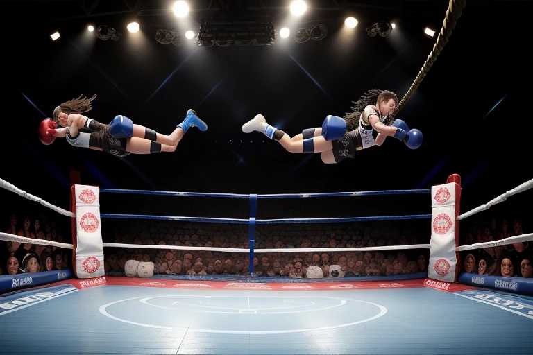 boxe ring with lights and ropes, boxe ring sol blanc coin bleu et sol blanc sol, fond d&#39;arène, Ring de boxe avec le sol blanc et les coins bleus, scene background, toile de fond Madison Square Garden, écran centrale au dessus du ring comme au madison square garden  in a boxe ring,  boxe, boxe match, scene,  projecteur, barre d&#39;background, spot et projecteur au plafond  fond dramatique, atmospheric perspective, glowing light, 8k, super detail, best quality, masterpiece