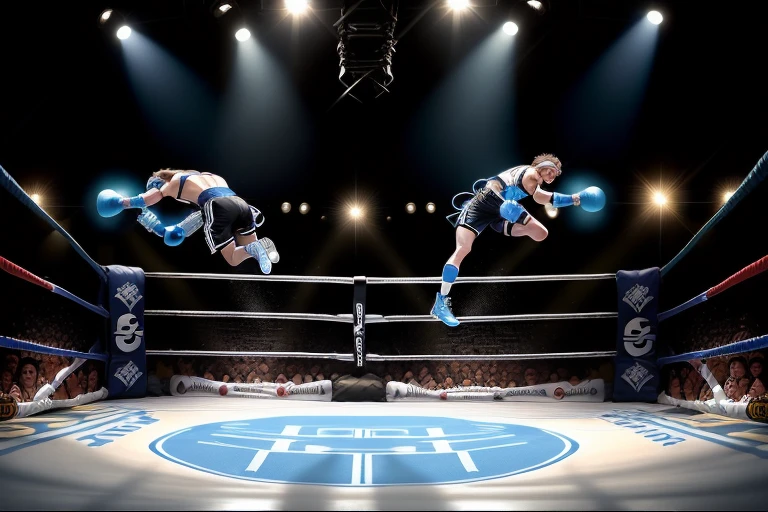boxe ring with lights and ropes, boxe ring sol blanc coin bleu et sol blanc sol, fond d&#39;arène, Ring de boxe avec le sol blanc et les coins bleus, scene background, toile de fond Madison Square Garden, écran centrale au dessus du ring comme au madison square garden  in a boxe ring,  boxe, boxe match, scene,  projecteur, barre d&#39;background, spot et projecteur au plafond  fond dramatique, atmospheric perspective, glowing light, 8k, super detail, best quality, masterpiece